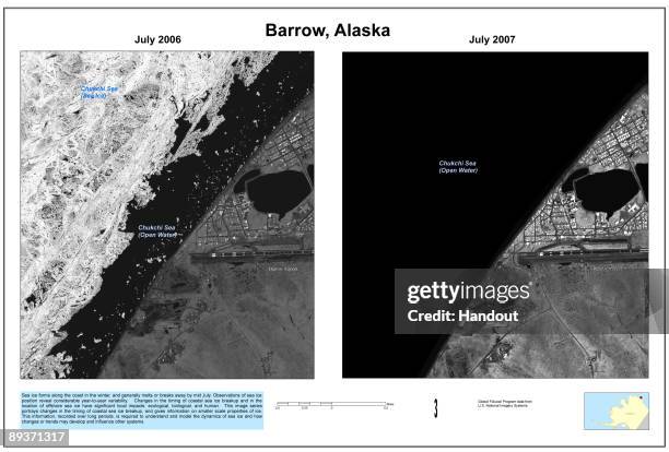 In this handout satellite composite image provided by the U.S. Geological Survey , satellite images of polar ice sheets taken in July 2006 and July...