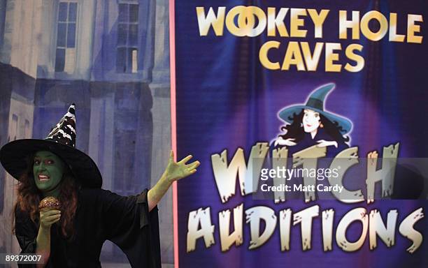Fiona Roberston performs during auditions for the role of a resident witch at Wookey Hole Caves on July 28, 2009 in Wells, England. The Somerset...