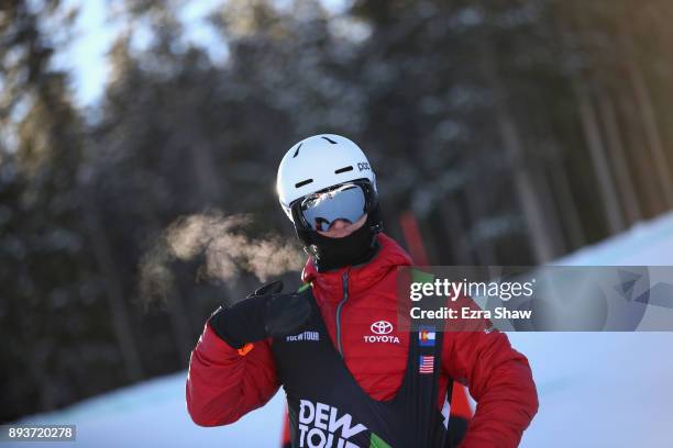 Evan Strong inspects the course before the start of the adaptive banked slalom final during Day 3 of the Dew Tour on December 15, 2017 in...