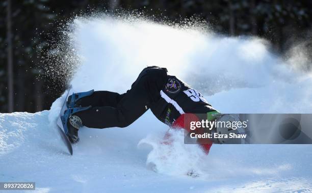 Evan Strong loses his balance in the adaptive banked slalom final during Day 3 of the Dew Tour on December 15, 2017 in Breckenridge, Colorado.