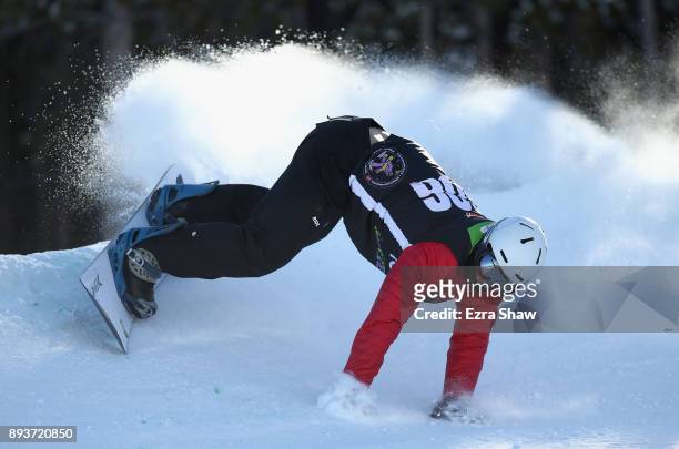Evan Strong loses his balance in the adaptive banked slalom final during Day 3 of the Dew Tour on December 15, 2017 in Breckenridge, Colorado.