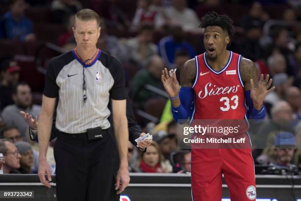 Robert Covington of the Philadelphia 76ers reacts after being called for a technical foul by referee Ed Malloy in the second quarter against the...