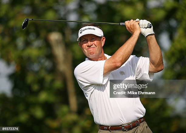 Rod Spittle hits his tee shot on the 16th hole during the final round of the Champions Tour - 2007 Greater Hickory Classic at Rock Barn Golf and Spa...