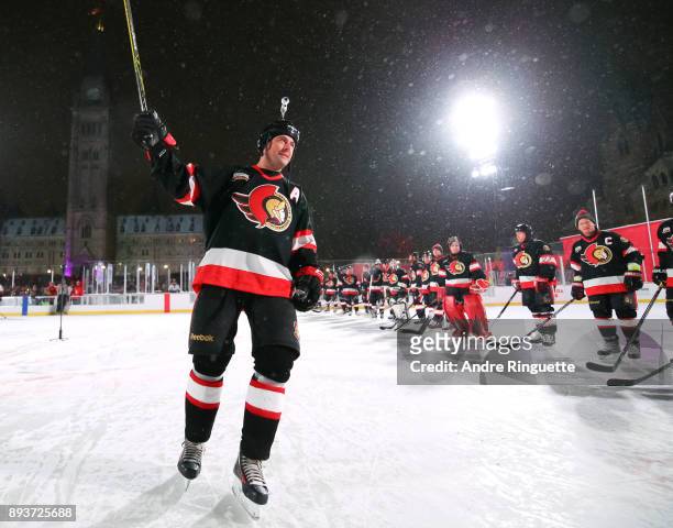 Ottawa Senators alumni Chris Phillips salutes the crowd during the 2017 Scotiabank NHL100 Classic Ottawa Senators Alumni Game on Parliament Hill on...
