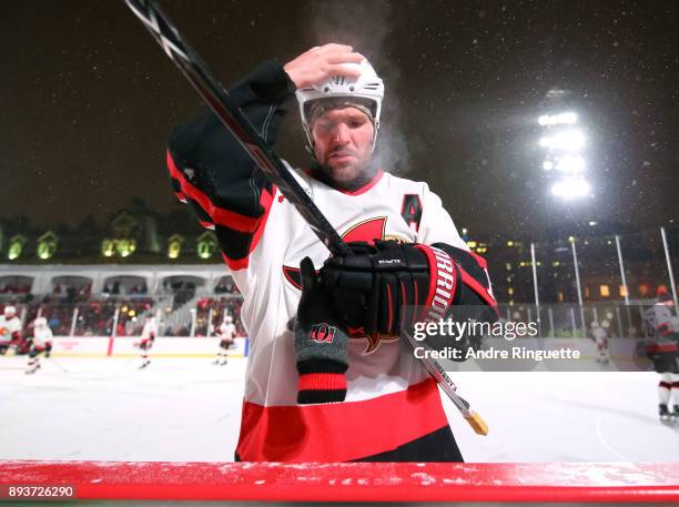 Ottawa Senators alumni Mike Fisher gets ready for the 2017 Scotiabank NHL100 Classic Ottawa Senators Alumni Game on Parliament Hill on December 15,...