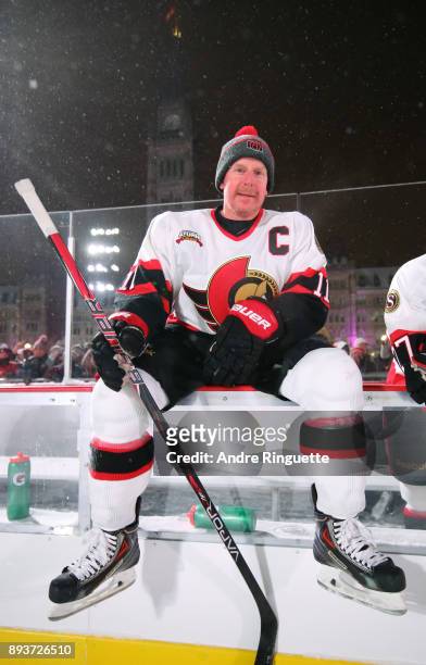 Ottawa Senators alumni Daniel Alfredsson sits on the bench between shifts during the 2017 Scotiabank NHL100 Classic Ottawa Senators Alumni Game on...