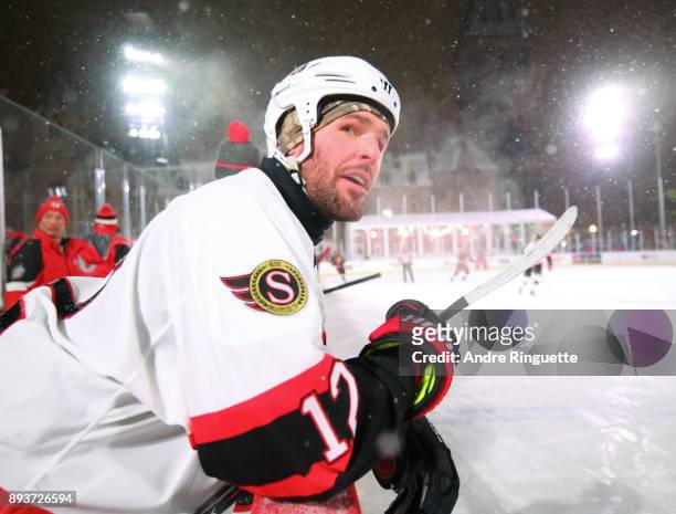 Ottawa Senators alumni Mike Fisher follows the play from the bench during the 2017 Scotiabank NHL100 Classic Ottawa Senators Alumni Game on...