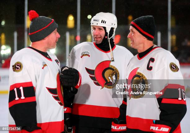 Ottawa Senators alumni Daniel Alfredsson, Radek Bonk and Laurie Boschman catch up during the 2017 Scotiabank NHL100 Classic Ottawa Senators Alumni...