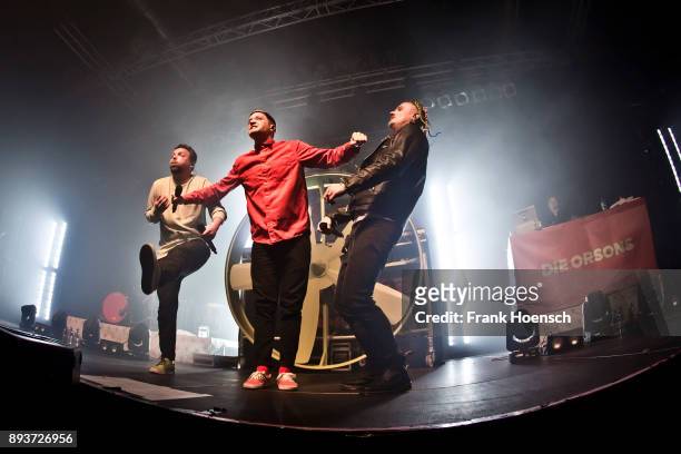 Bartek, Maeckes, and Kaas of the German band Die Orsons perform live on stage during a concert at the Huxleys on December 15, 2017 in Berlin, Germany.