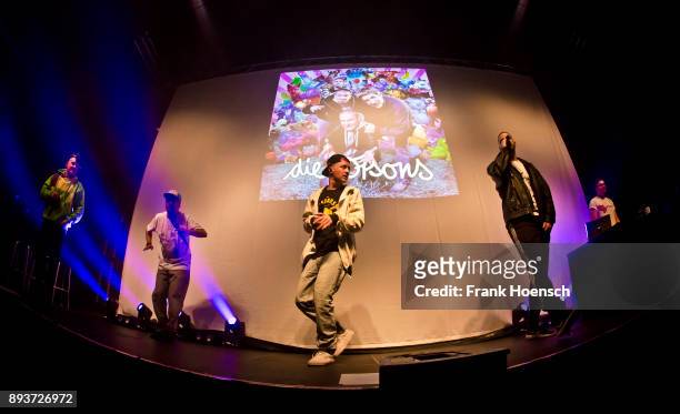 Kaas, Bartek, Maeckes and Tua of the German band Die Orsons perform live on stage during a concert at the Huxleys on December 15, 2017 in Berlin,...
