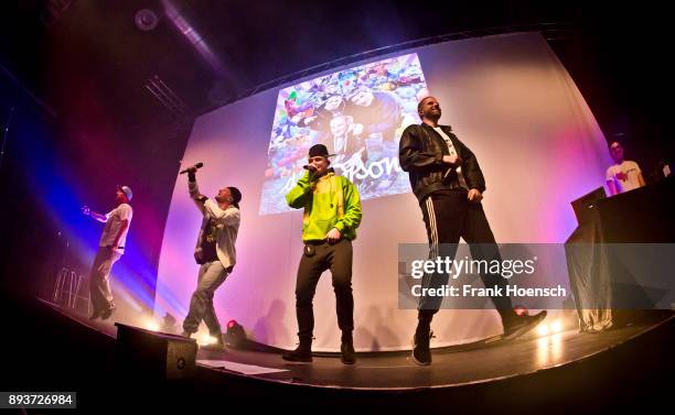 Bartek, Maeckes, Kaas and Tua of the German band Die Orsons perform live on stage during a concert at the Huxleys on December 15, 2017 in Berlin,...