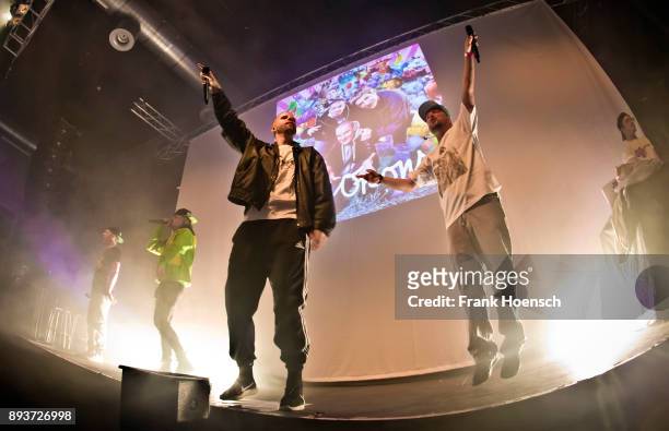 Maeckes, Kaas, Tua and Bartek of the German band Die Orsons perform live on stage during a concert at the Huxleys on December 15, 2017 in Berlin,...