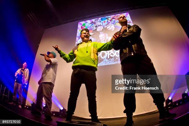 Maeckes, Bartek, Kaas and Tua of the German band Die Orsons perform live on stage during a concert at the Huxleys on December 15, 2017 in Berlin,...