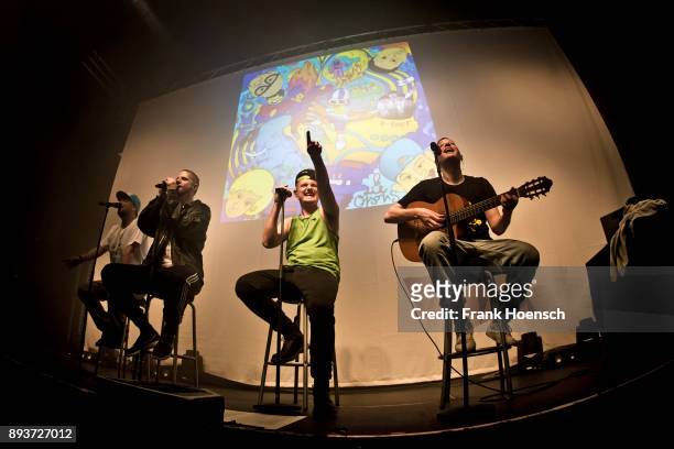 Bartek, Tua, Kaas and Maeckes of the German band Die Orsons perform live on stage during a concert at the Huxleys on December 15, 2017 in Berlin,...