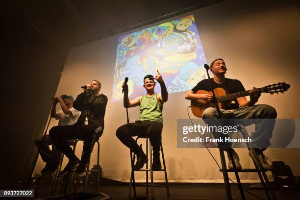 Bartek, Tua, Kaas and Maeckes of the German band Die Orsons perform live on stage during a concert at the Huxleys on December 15, 2017 in Berlin,...