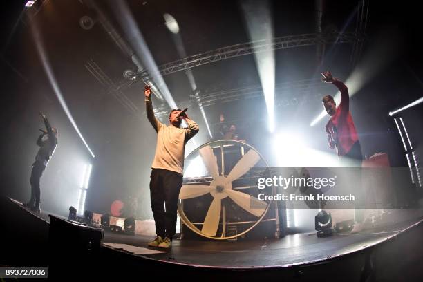 Kaas, Bartek, Tua and Maeckes of the German band Die Orsons perform live on stage during a concert at the Huxleys on December 15, 2017 in Berlin,...