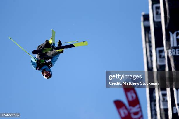 Kyle Smaine of the United States competes in the Men's Pro Ski Superpipe Final during Day 3 of the Dew Tour on December 15, 2017 in Breckenridge,...