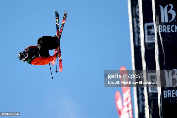 Aaron Blunck of the United States competes in the Men's Pro Ski Superpipe Final during Day 3 of the Dew Tour on December 15, 2017 in Breckenridge,...