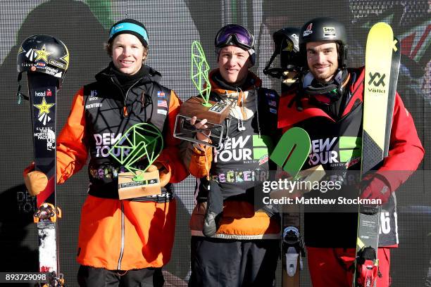 Aaron Blunck of the United States, Alexander Ferreira of the United States and Kevin Rolland of France celebrate on the medals podium after the Men's...