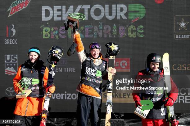 Aaron Blunck of the United States, Alexander Ferreira of the United States and Kevin Rolland of France celebrate on the medals podium after the Men's...