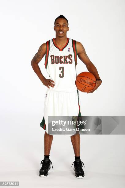 Brandon Jennings drafted 10th overall in the 2009 NBA Draft by the Milwaukee Bucks poses for a portrait on July 8, 2009 in Milwaukee, Wisconsin. NOTE...