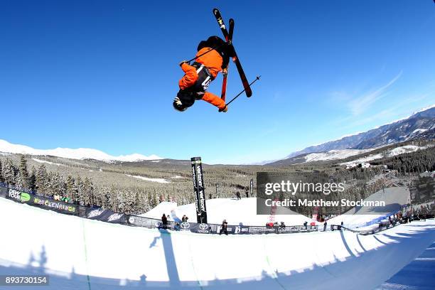 Aaron Blunck of the United States competes in the Men's Pro Ski Superpipe Final during Day 3 of the Dew Tour on December 15, 2017 in Breckenridge,...