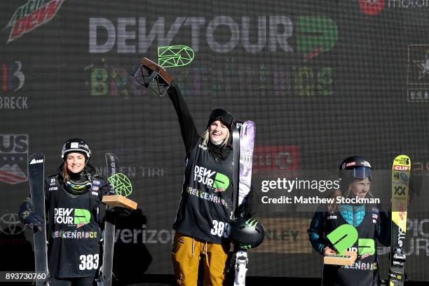 Marie Martinod of France, Cassie Sharpe of Canada and Maddie Bowman of the United States celebrate on the medals podium after the Women's Pro Ski...