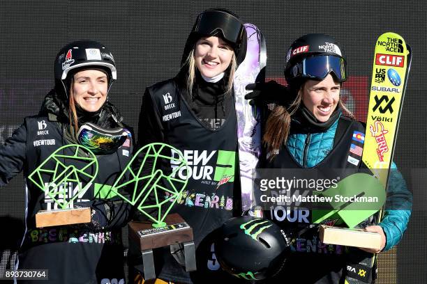 Marie Martinod of France, Cassie Sharpe of Canada and Maddie Bowman of the United States celebrate on the medals podium after the Women's Pro Ski...