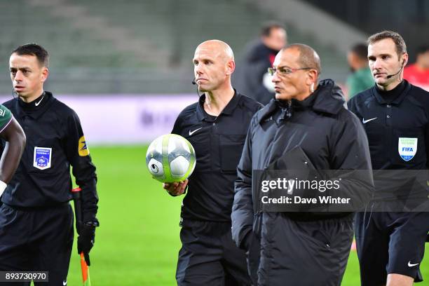 Referee Amaury Delerue leaves the pitch following the Ligue 1 match between AS Saint-Etienne and AS Monaco at Stade Geoffroy-Guichard on December 15,...