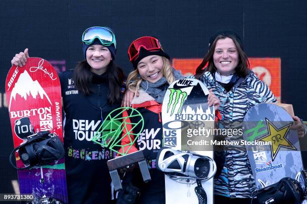 Kelly Clark of the United States, Kim Chloe of the United States and Arielle Gold ##175 of the United States celebrate on the medals podium after the...