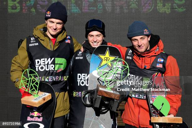 Scotty James of Australia, Jake Pates of the United States and Ben Ferguson of the United States celebrate on the medals podium after the Men's Pro...