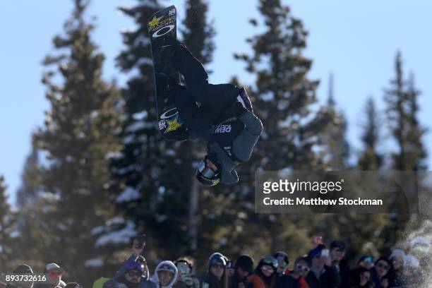 Jake Pates of the United States competes in the Men's Pro Snowboard Superpipe Final during Day 3 of the Dew Tour on December 15, 2017 in...