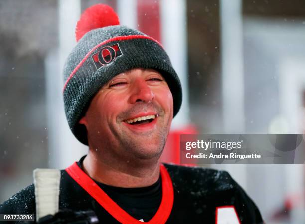 Ottawa Senators alumni Chris Phillips smiles during the 2017 Scotiabank NHL100 Classic Ottawa Senators Alumni Game on Parliament Hill on December 15,...