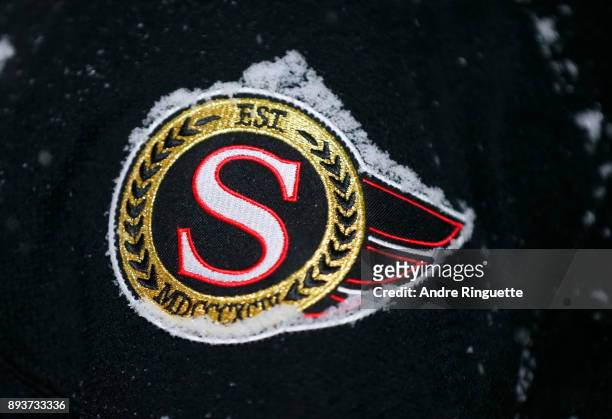 Close-up of a snow covered Ottawa Senators alumni jersey during the 2017 Scotiabank NHL100 Classic Ottawa Senators Alumni Game on Parliament Hill on...