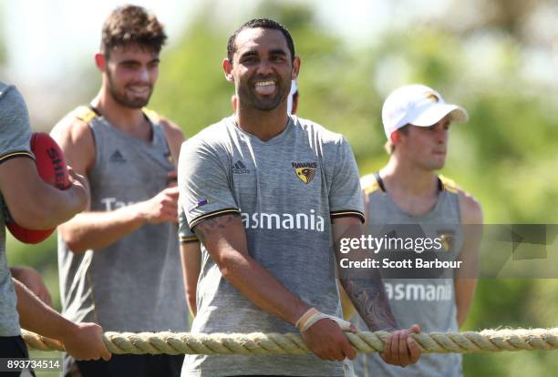 Shaun Burgoyne of the Hawks pulls during a tug of war competition against teammates during a Hawthorn Hawks AFL training session at Waverley Park on...