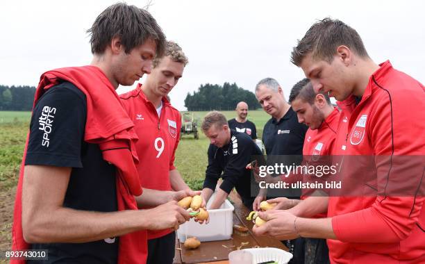 Volleyball 1. Bundesliga 2015/2016 TV Rottenburg beim Teambuildingevent TV R Team bei der Kartoffelernte und Kochen auf dem Acker mit dem Bio...