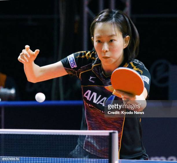 Kasumi Ishikawa of Japan plays in a singles quarterfinal at the season-ending ITTF World Tour Grand Finals in Astana, Kazakhstan, on Dec. 15, 2017....