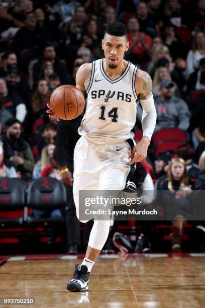 Danny Green of the San Antonio Spurs handles the ball during the game against the Houston Rockets on December 15, 2017 at Toyota Center in Houston,...