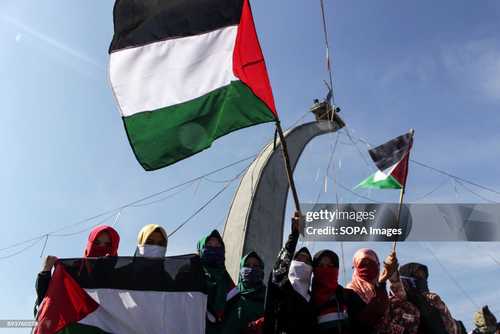 Protesters seen waving the Palestine flag during the...