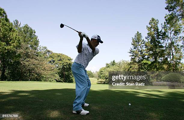 Defending Champion Miguel Carballo hits from the 14th tee during Wednesday's Pro-Am of the Movistar Panama Championship held at the Club de Golf de...