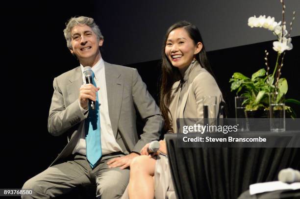 Alexander Payne and Hong Chau speak during the 'Downsizing' special screening at Dundee Theater on December 15, 2017 in Omaha, United States.