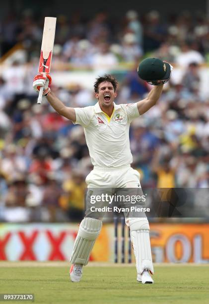 Mitch Marsh of Australia celebrates after reaching his century during day three of the Third Test match during the 2017/18 Ashes Series between...