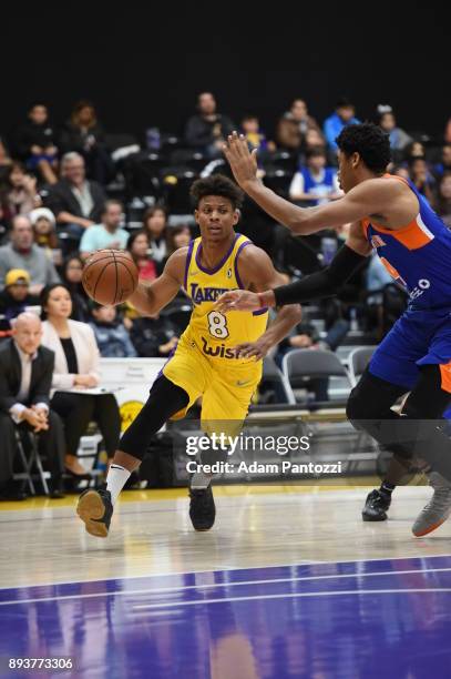 Scott Machado of the South Bay Lakers handles the ball against the Westchester Knicks during an NBA G-League game on December 15, 2017 at UCLA Heath...