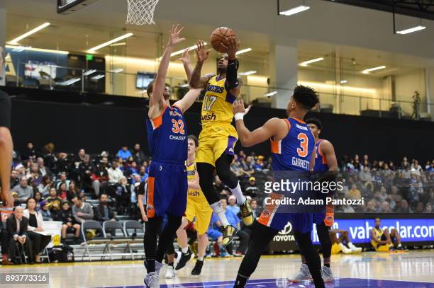 Vander Blue of the South Bay Lakers goes to the basket against the Westchester Knicks during an NBA G-League game on December 15, 2017 at UCLA Heath...