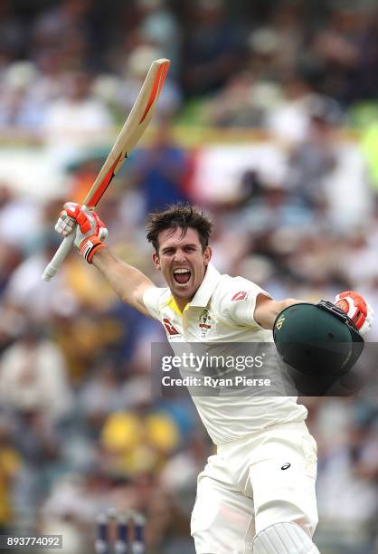 Mitch Marsh of Australia celebrates after reaching his century during day three of the Third Test match during the 2017/18 Ashes Series between...