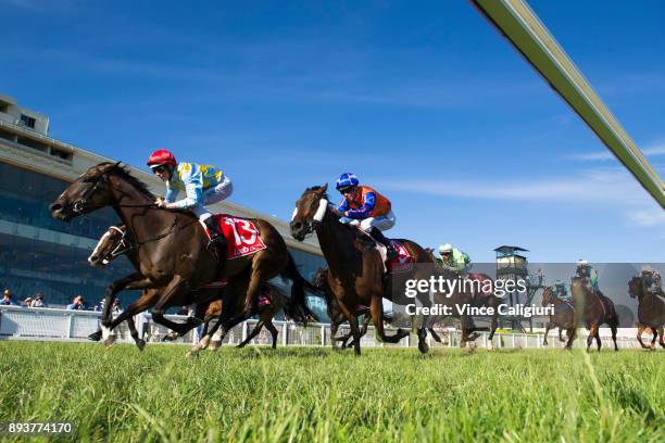 Damian Lane riding Creativity wins Race 9 during Melbourne Racing at Caulfield Racecourse on December 16, 2017 in Melbourne, Australia.