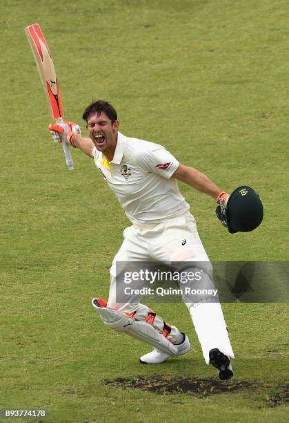 Mitch Marsh of Australia celebrates making a century during day three of the Third Test match during the 2017/18 Ashes Series between Australia and...