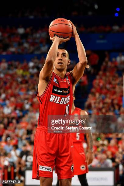 Dexter Kernich-Drew of the Wildcats shoots a free throw during the round 10 NBL match between the Perth Wildcats and the Brisbane Bullets at Perth...