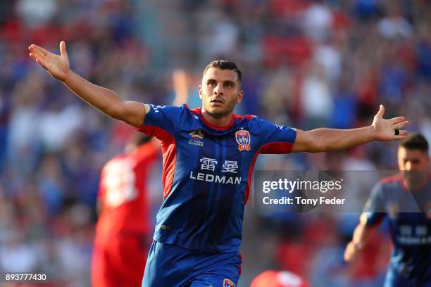 Andrew Nabbout of the Jets celebrates after scoring a goal during the round 11 A-League match between the Newcastle Jets and the Adelaide United at...