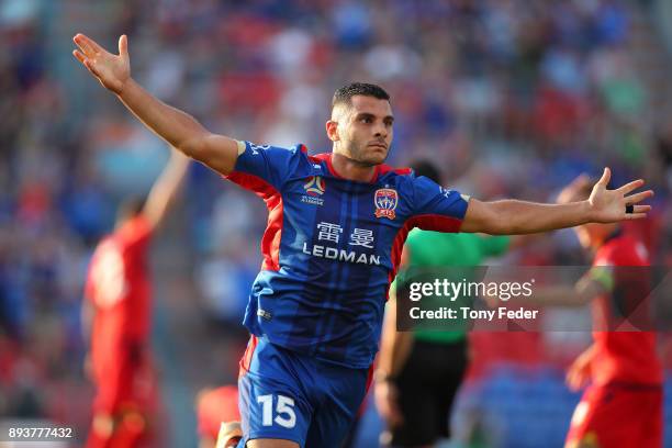 Andrew Nabbout of the Jets celebrates after scoring a goal during the round 11 A-League match between the Newcastle Jets and the Adelaide United at...